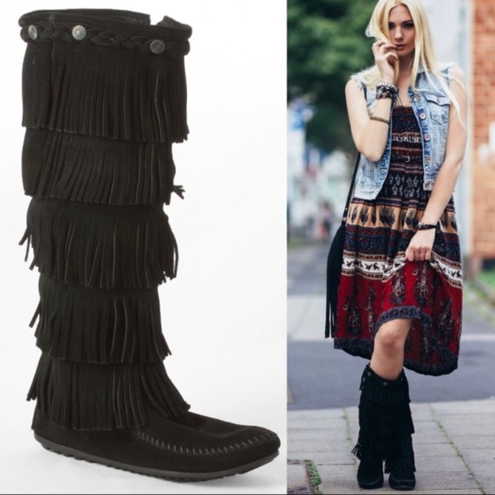 Minnetonka Black Suede 5 Layer Fringe Boot - image 3